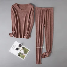 100% Wool Top Warm Base Layer Long Johns Pajamas Set Pure Wool Thin Soft Print