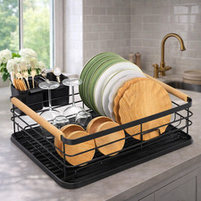 1 Tier Dish Drainer Drying Rack with Utensil Holder Kitchen Sink Dish Drip Tray