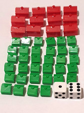 SET OF MONOPOLY BUILDINGS 12 RED HOTELS AND 34 GREEN SQUARE HOUSES AND 2 DICE