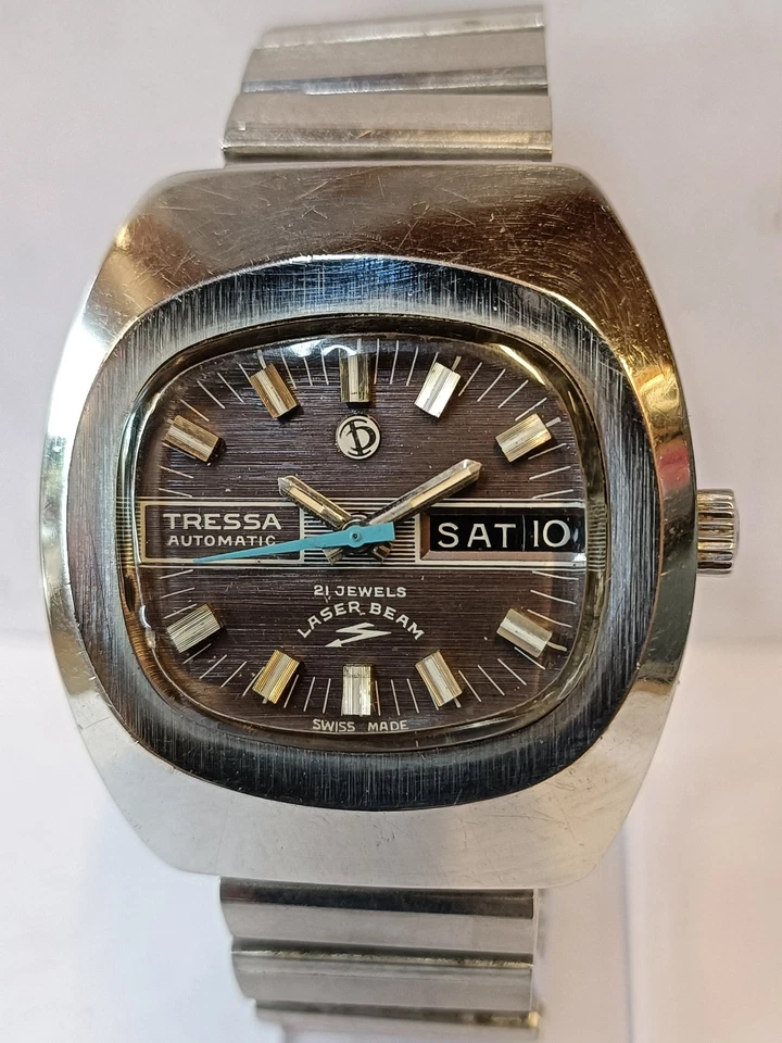 RAYO LÁSER TRESSA 21 JOYAS AUTOMÁTICO ESFERA MARRÓN 258 SUIZO HOMBRE FUNCIONANDO Foto 3 de 4