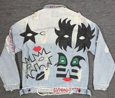 Wren + Glory KISS Dynasty 79 Denim Jacket Mens Small Blue Ripped Hand Painted