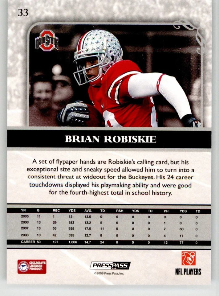 Brian Robiskie 2009 Press Pass Legends Bronze 33 #/899 Ohio State Buckeyes - Image 2 of 2