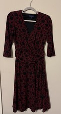 Travelsmith Faux Wrap Midi Dress Black And Red Print 3/4 Sleeves Surplice Size S
