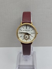 Michael Kors Portia Womens Gold Tone Merlot Leather Pave Watch 28 mm New Battery