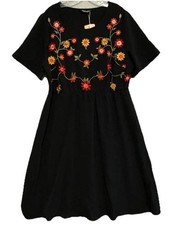 Floral Embroidered Black Dress Waist-Cinched Women's Sz 14 Flattering Casual