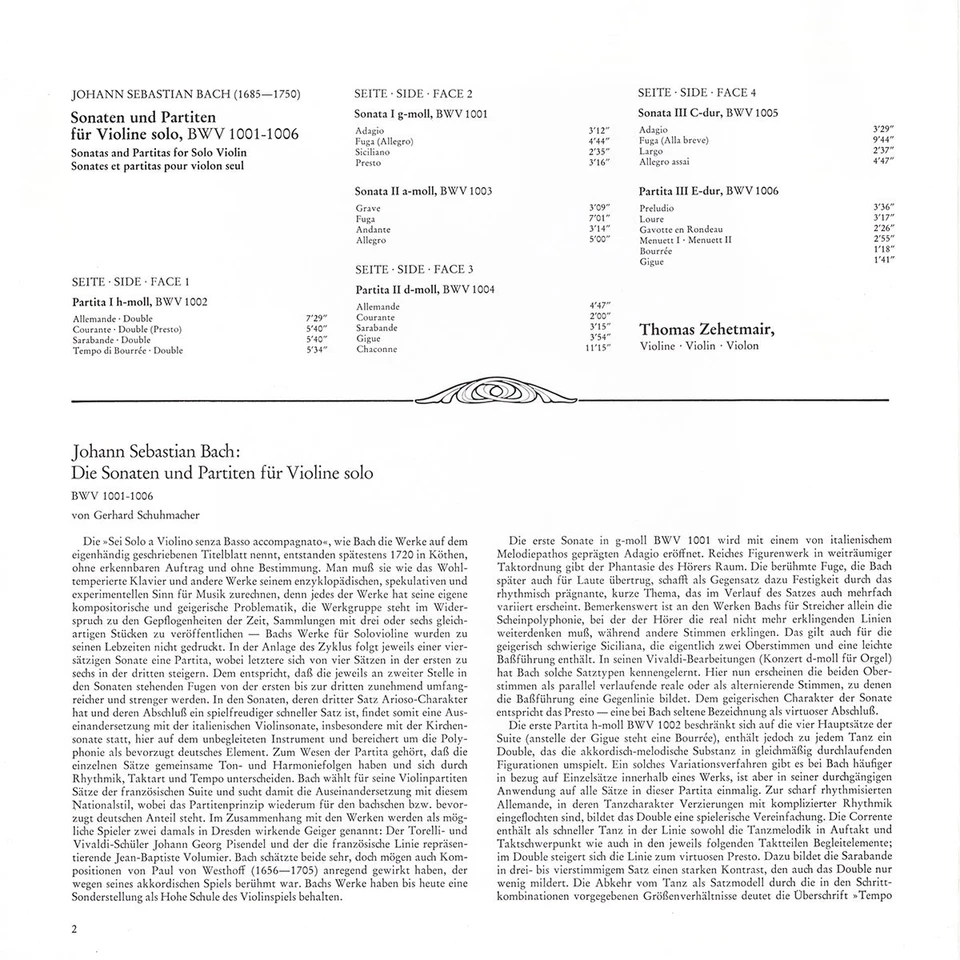 2LP Box ZEHETMAIR Violin BACH 6 Solo Sonatas & Partitas TELEFUNKEN 635621 DMM NM - Image 2 of 3