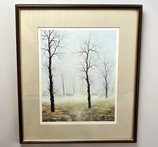 John Uren Signed Vintage Misty Woodland Forest Landscape Print Framed 1988 45x39