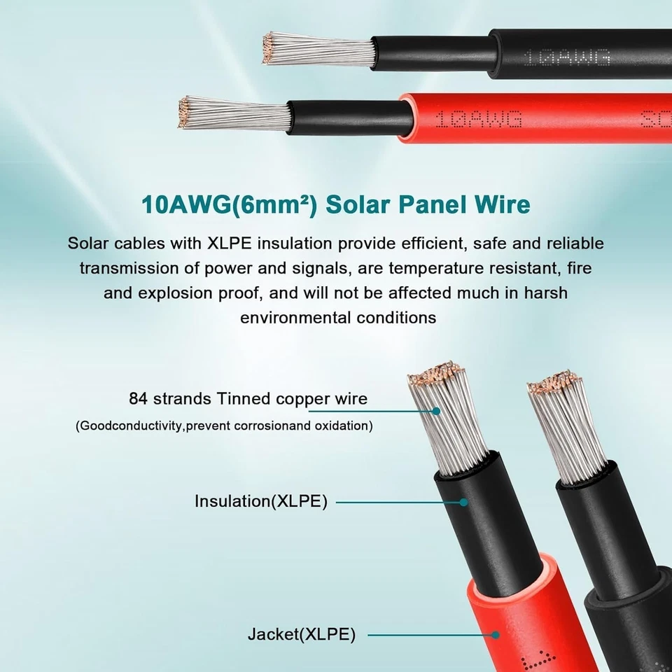 Cable solar 10 AWG 6mm², paquete de 2 cables de panel solar rojo y negro de 200 pies, 84 hilos Foto 2 de 4