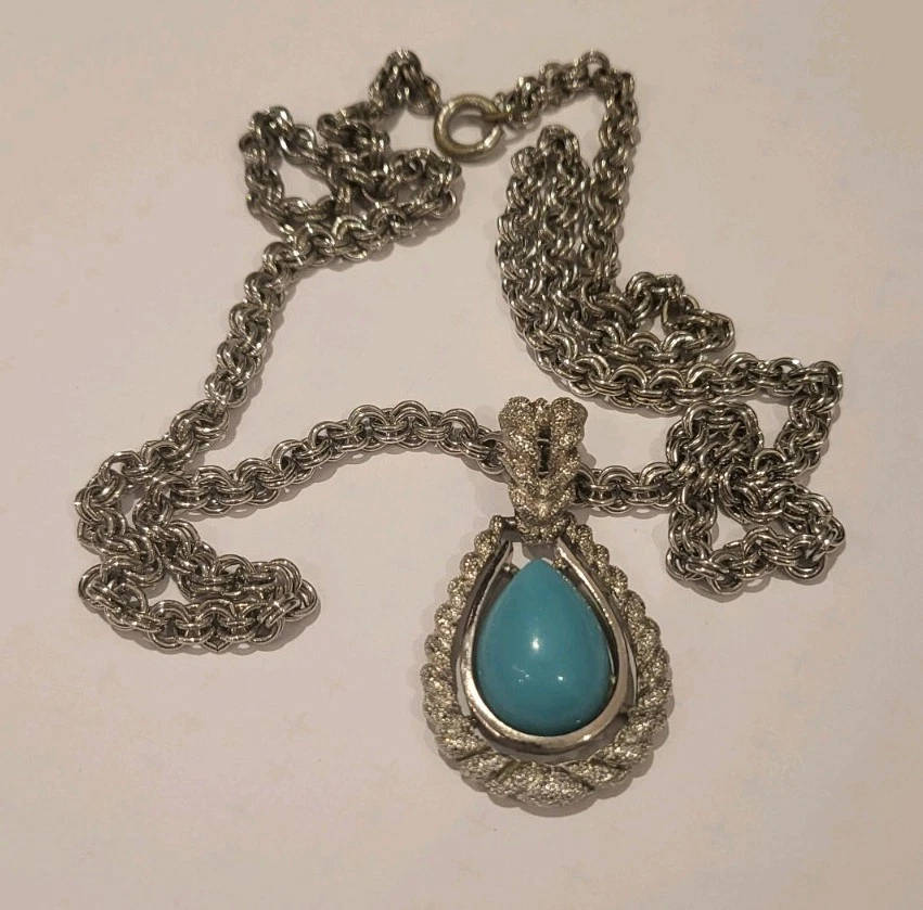 Vintage AVON Halskette mit türkisblauem Tropfen-Anhänger und Stahlkette - Bild 2 von 4
