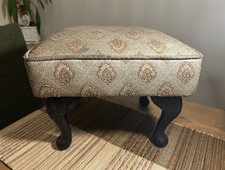 Vintage Beige Damask Tapestry Upholstered Rectangle Footstool Wood Legs 33x26cm