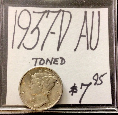 1937 D Mercury Silver Dime AU! Toned! ENN Coins