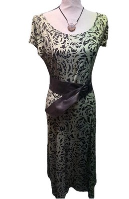 Perceptions Midi Dress Mod Floral Brown Mint Flutter Sleeve Belted Stretch Fairy
