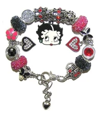 Betty Boop Bracelet W/ Red & Black European Beads & Charms, Crystals, Mini Purse