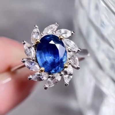 5.50Ct Oval Cut Natural Blue Sapphire & Diamond 14K White Gold Engagement Ring
