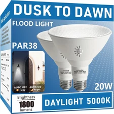 Par38 LED Dusk to Dawn Flood Light Bulbs Outdoor 2 Pack, 5000K Daylight, 20W Rep
