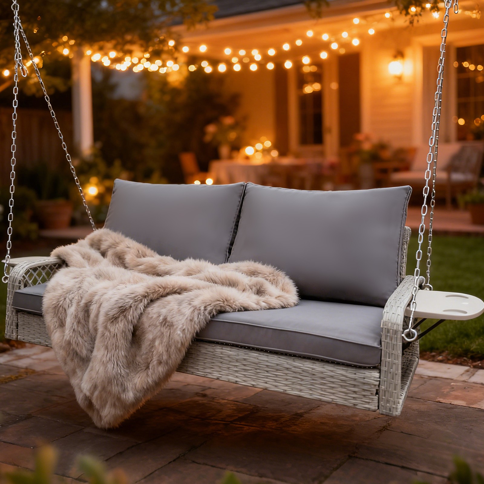 Wicker Porch Swing Hanging Chair Outdoor Patio Swing Bench w/Side Table