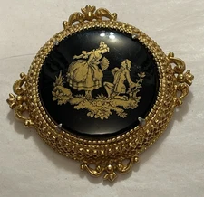 Vintage Florenza Renaissance Revival Gold on Black Brooch Victorian Couple