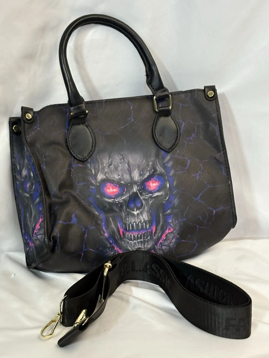 Sac en jean surcyclé motif Lady Skull blue denim à bandoulière fleurie