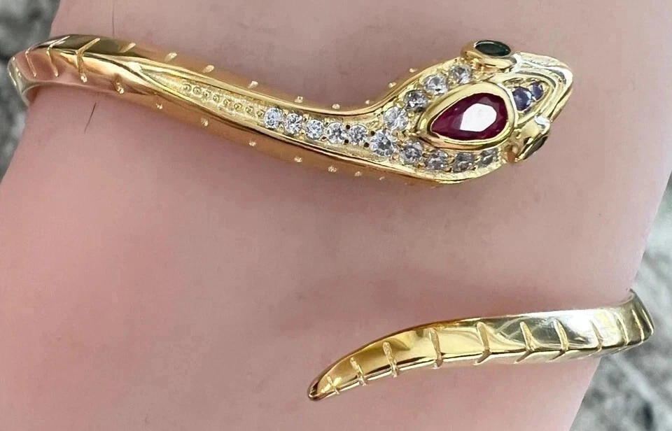 14k Yellow Gold Plated 3.60Ct Pear Lab-Created Red Ruby Snake Cuff Bracelet - Image 4 of 4