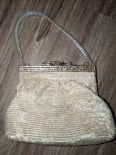 VTG Evening Bag Beaded Purse Clutch Silver Tone Filigree Frame Chain Kiss Lock