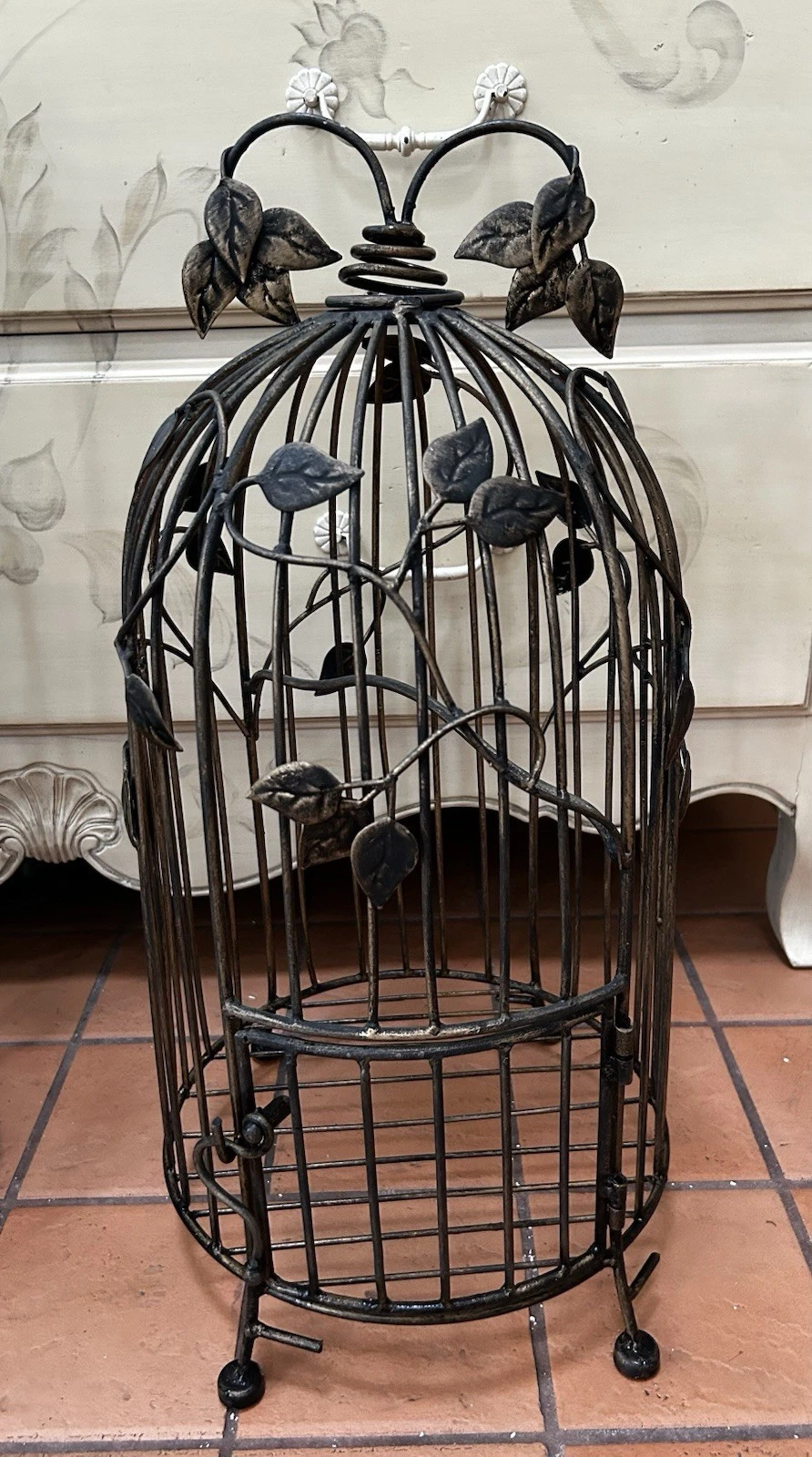 Large Vtg BRONZE COPPER 24" x 12" Bird Cage Decorative Leaves Wedding Decor