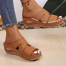 Women Embroidery Hollow Wedge Slide Sandals Peep Toe Summer Slip On Slippers