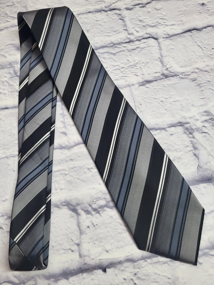 Corbata John Ashford Poliéster Gris Negro Blanco Azul Rayas Hombre 57 x 3.25 Foto 2 de 4