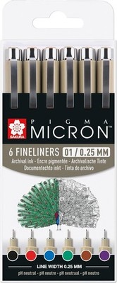 Pigma Micron 01 Fineliner Set - 6 Farben - 0,25 mm Stifte - Permanente wasserfes