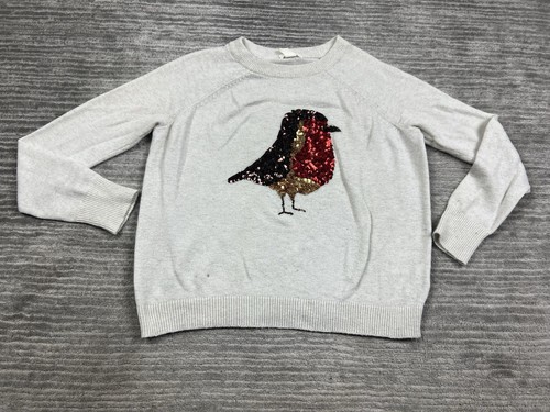 H&M Sweater Womens Medium Beige Sequin Red Bird Alpaca Polyamide Blend
