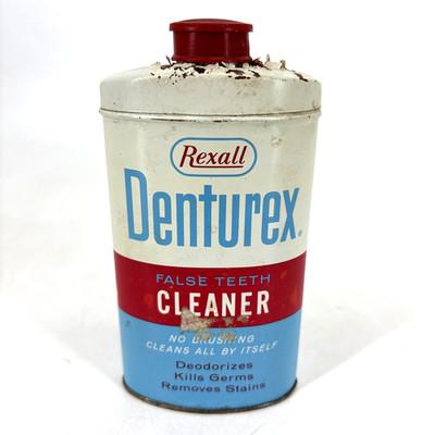 Vintage Rexall Denturex False Teeth Cleaner Advertising Tin USA
