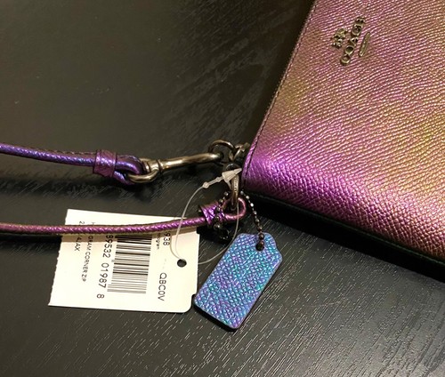 COACH Hologram Corner Zip Wristlet Leather Wallet Purple Green Blue 64938 NWT - Picture 19 of 19