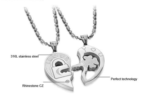 His and Hers Stainless Steel I Love You Heart Lock & Key Couple Pendant Necklace - Picture 5 of 9