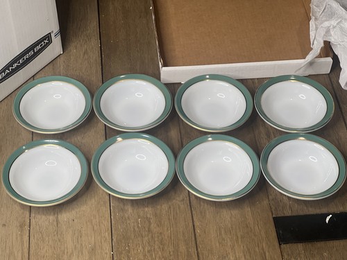 Pyrex Milk Glass 5.5" Bowl Regency green gold Band Rim stripe Lot Of 8