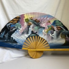 Vintage Large Hand Painted Canvas Chinese Folding Wall Fan 40x24  Cranes