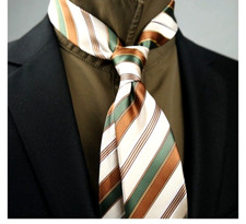 New Classic Striped Brown Green White JACQUARD WOVEN 100 Silk Men's Necktie Tie