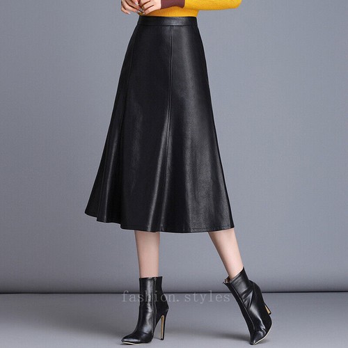 Womens A Line Dress Mid Long Skirt Designer Fashion Real Leather Spring Black Sz
