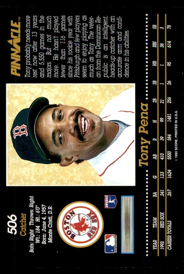1993 Pinnacle Tony Pena Boston Red Sox #506 - Image 2 of 2