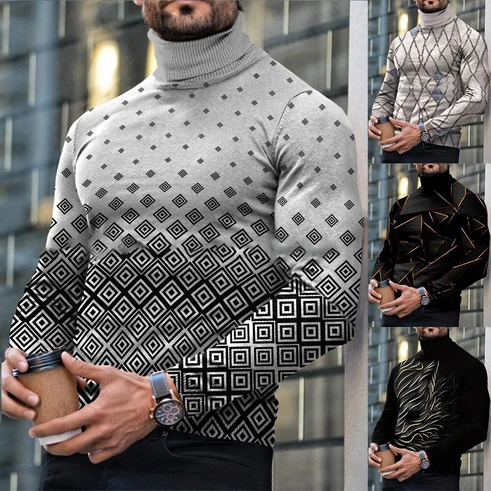Fashionable Men s Print Turtleneck Sweater Slim Fit Long Sleeve Pullover Tops