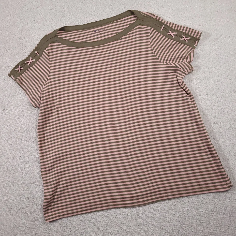 Женская рубашка North Crest 2X Plus коричневая розовая в полоску вырез лодочка галстук с коротким рукавом - Изображение 2 из 4