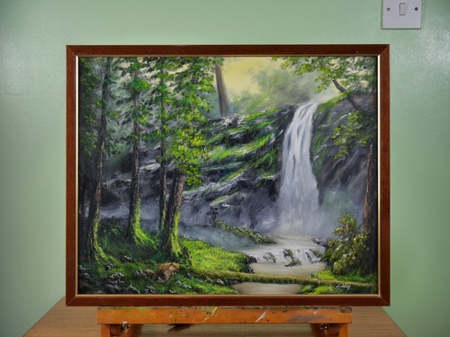 Original Wildtier Ölgemälde, Wald, Biber, Wasserfall, signiert, 20x16