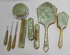 Vtg ACWALITE CELLULOID VANITY SET Green Pearlized Glass Jar Brush Comb Hook File