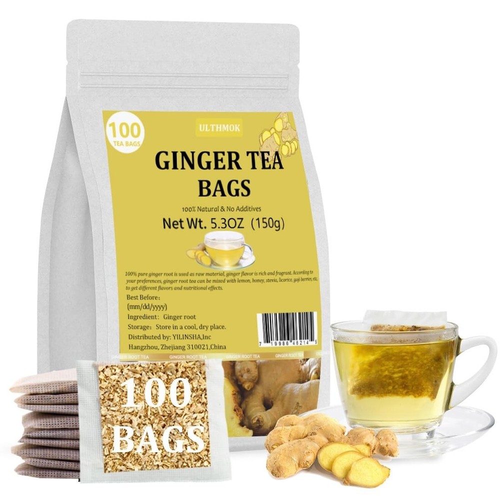 Ginger Tea 100Bags 100% Pure Ginger Root No Flavoring & Caffeine Free Herbal Tea