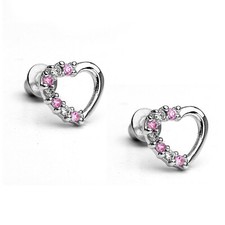 14K White Gold Over Lab-Created Pink Sapphire Open Heart Children Girls Earrings
