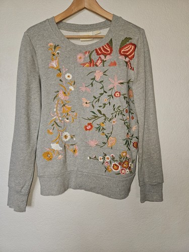 Maeve Marcie Embroidered Sweatshirt Size XS Heather Gray Floral Anthropologie - Picture 5 of 10