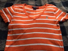 Womens RALPH LAUREN SPORT Shirt  XL Orange Striped  Short Sleeve V-Neck Cotton