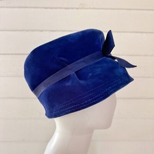 1960's Era Luscious Blue Velvet Hat with Bow Union Made SZ M