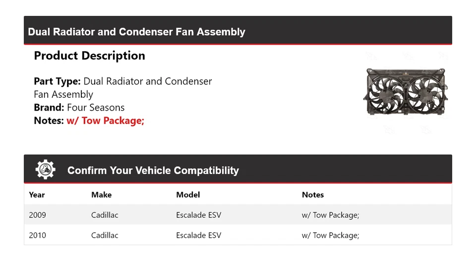 Для 2009-2010 Cadillac Escalade ESV двойной радиатор конденсатор вентилятор в сборе 4 моря - Изображение 2 из 4
