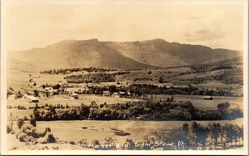 Cartolina d'epoca RPPC Mt Mansfield Stowe Vermont VT occhio di uccellino sotto collina - Foto 1 di 3