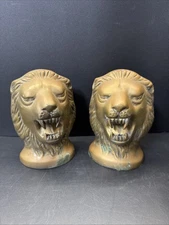Vintage Brass Roaring Lion Head Bookends Pair Of 2 Hollywood Regency