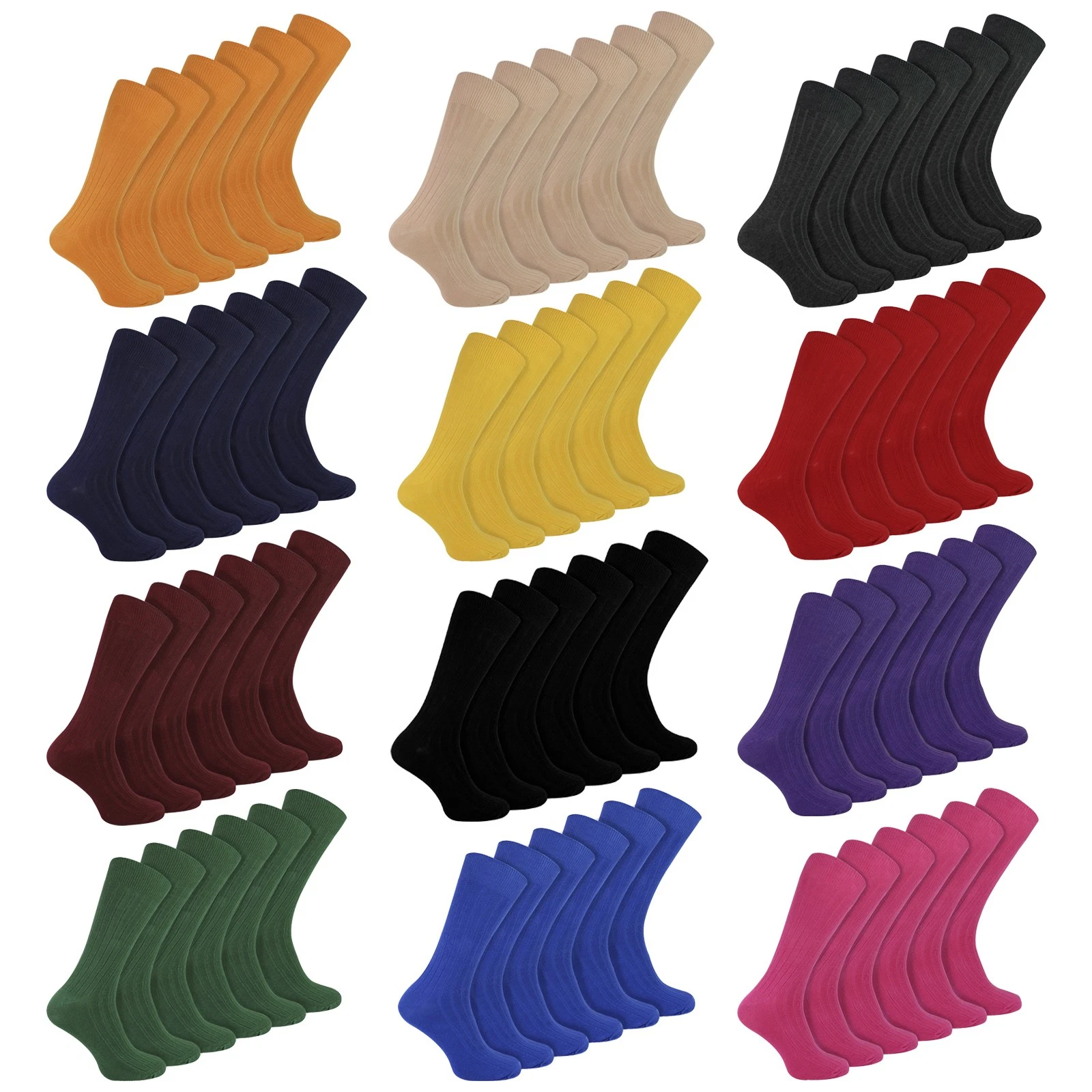 Sock Snob - 6 Pairs Mens Plain Colored Cotton Rich Ribbed Dress Socks